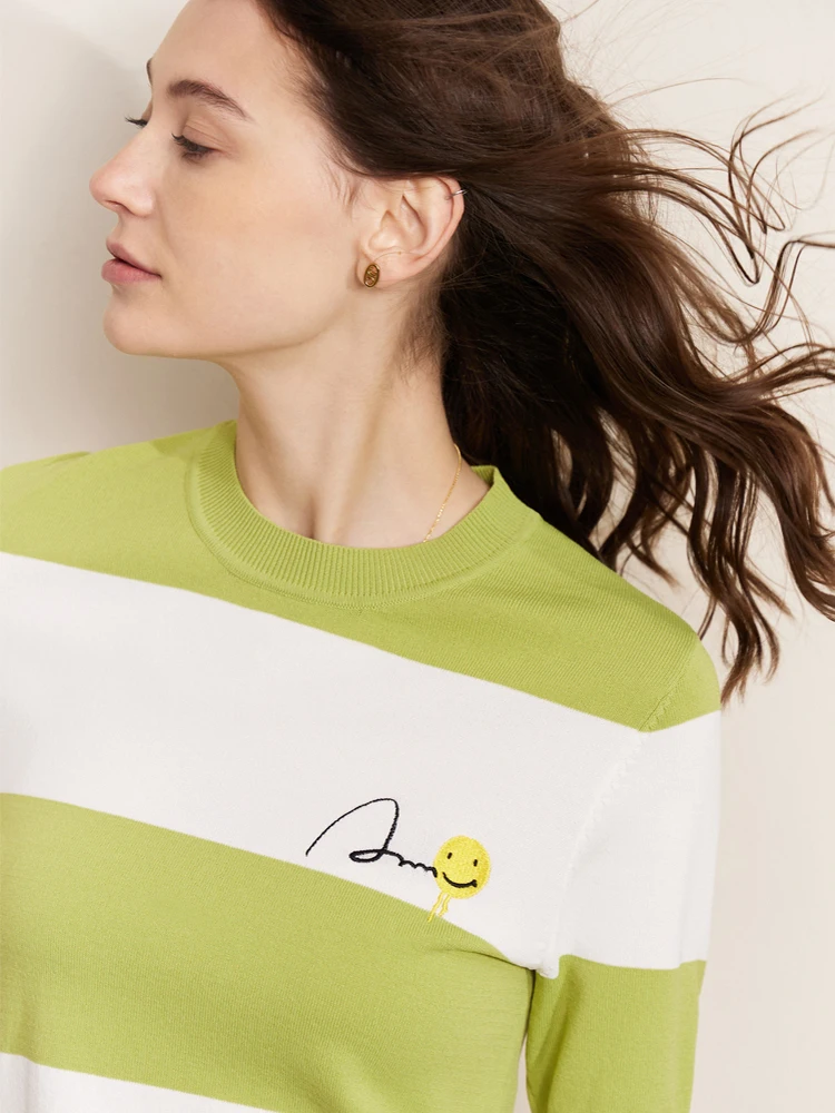 Amii Minimalism 2023 Summer T-shirt for Women New Striped short sleeve Smile Face Loose T-shirts Elegant Tees Tops 12321035