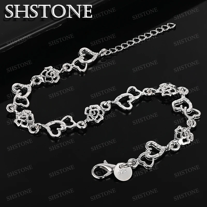 SHSTONE 18K Gold Hollow Heart Flowers Chain Bracelets For Woman Party Wedding Jewelry 925 Sterling Silver Bracelet Birthday Gift