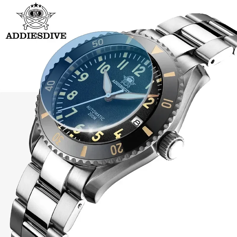 ADDIESDIVE orologio automatico in pelle zaffiro orologi meccanici da uomo luminosi 20Bar impermeabile NH35 orologio da polso subacqueo di lusso retrò