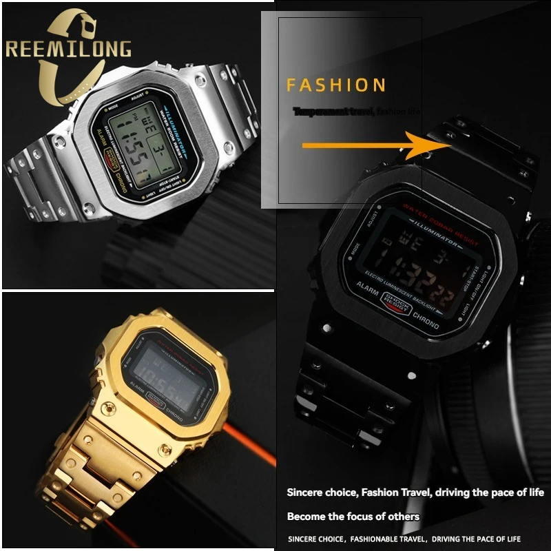 Stainless steel watchstrap set High quality refined metal men silver gold black watchband set strap case For CASIO DW5600 DW5610