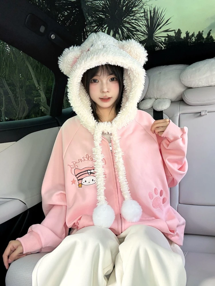 귀여운 일본식 루즈핏 긴팔 코트 여성용 가을 후드 지퍼 프린트 사랑스러운 오버코트 예쁜 따뜻한 패션 린트 후디