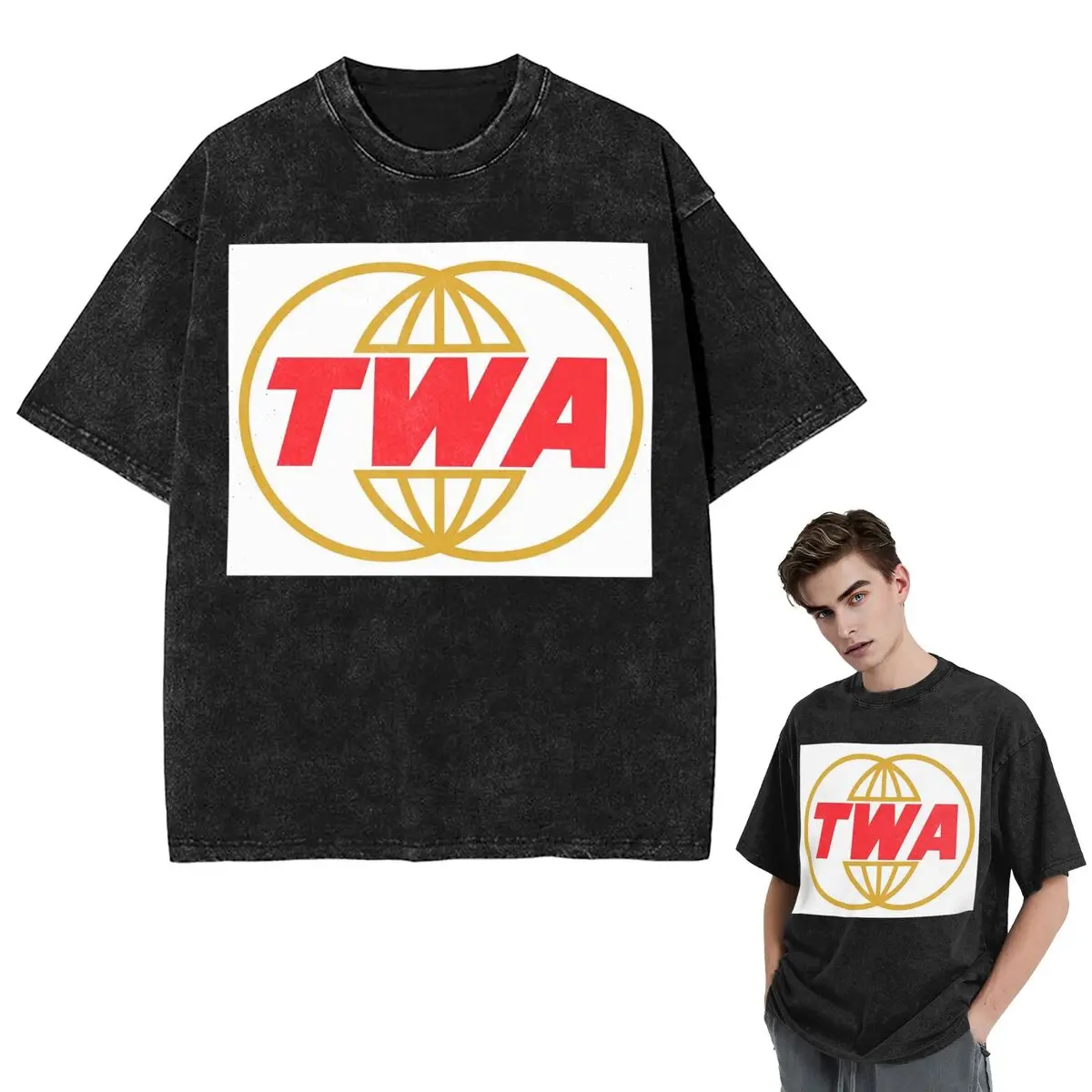

Streetwear T-Shirts TWA Airlines - Vintage Log Washed T Shirt Short Sleeve Hip Hop T-Shirt Tops Tees for Men Women