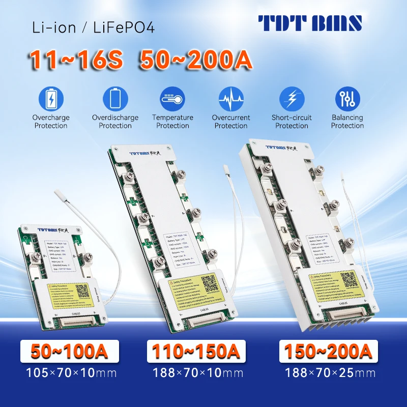 TDT BMS Lifepo4 12S 36V 13S 14S 15S 48V 16S 60V Li-Ion 18650 Battery Packs management system  50A 100A 150A 200A with balancer