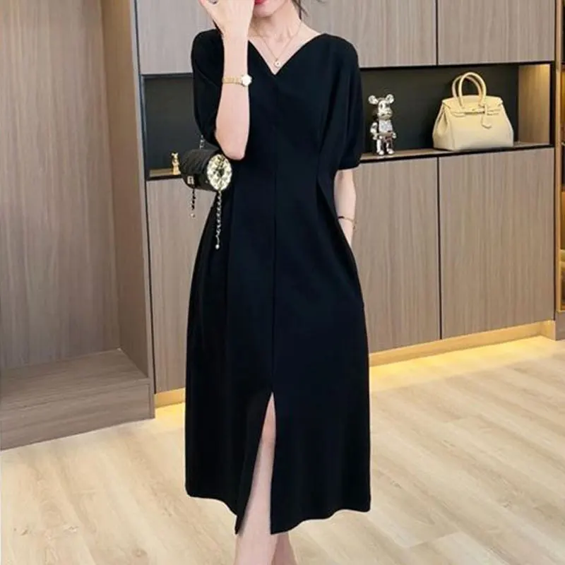 Elegant V-Neck Midi Dress Female Clothing Split Commute A-Line Folds Waist Monochromatic Luxury Dresses Summer Fashion 2024 New