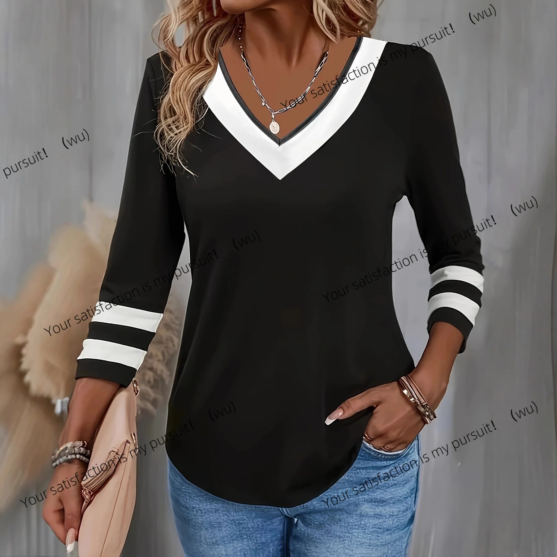 

Осенняя европейская и американская простая футболка с v-образным вырезом, универсальный элегантный темпераментный топ с длинными рукавами