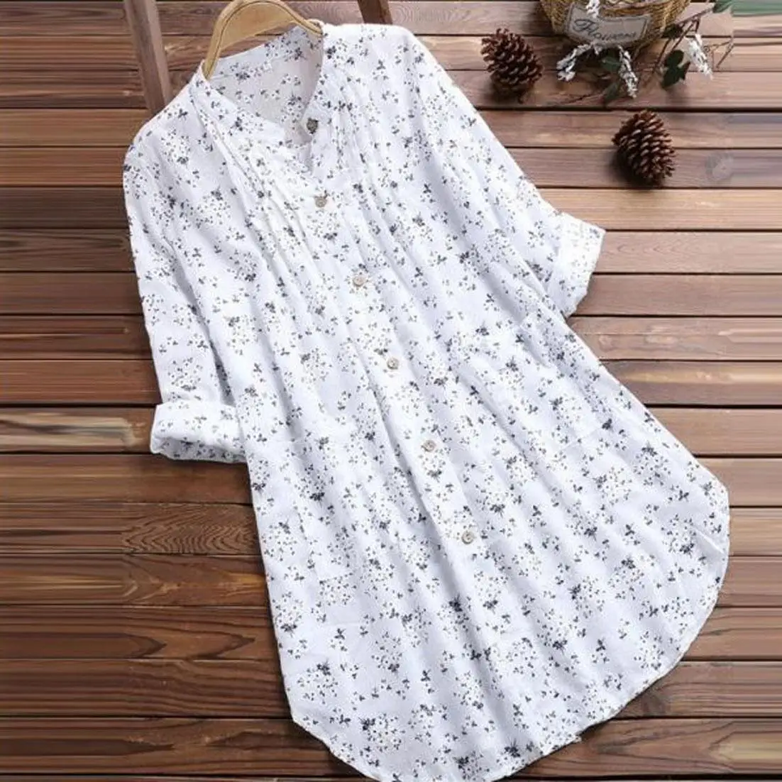 

Women's Pleated Floral Print Shirt Collar Long Casual Style Casual Wind Resistant Deformation Proof Long Sleeve Floral Shirt