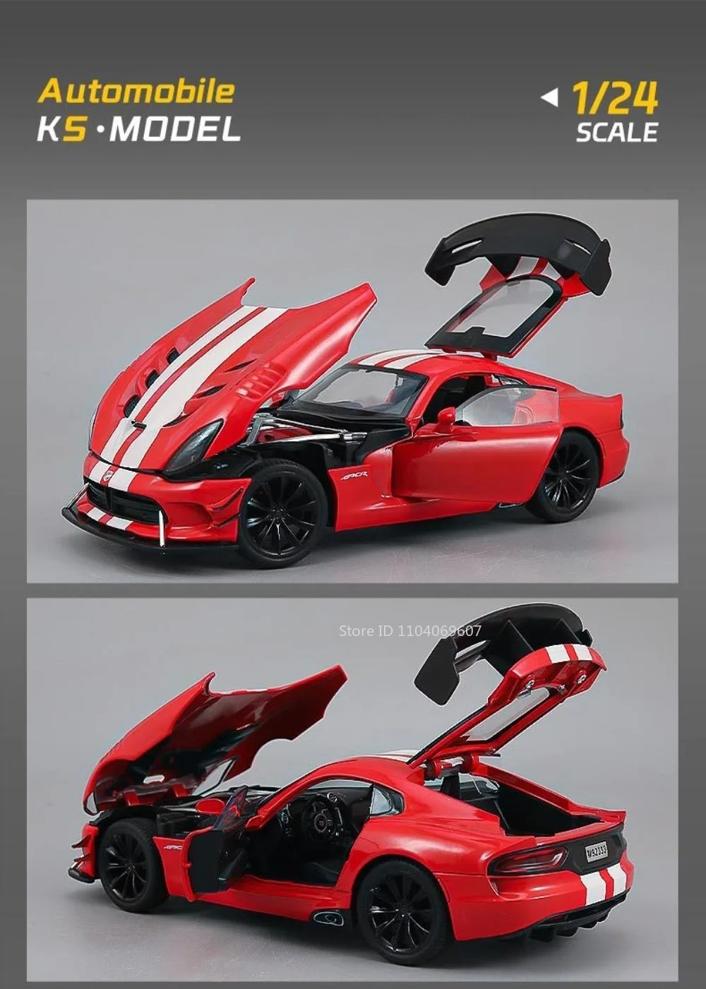 1:24 Viper Cobra Modellspielzeug, Sportwagen, Legierung, Druckguss, Ton, Licht, Türen geöffnet, zurückziehen, exquisite Innensammlung, Supercars – Detail 7