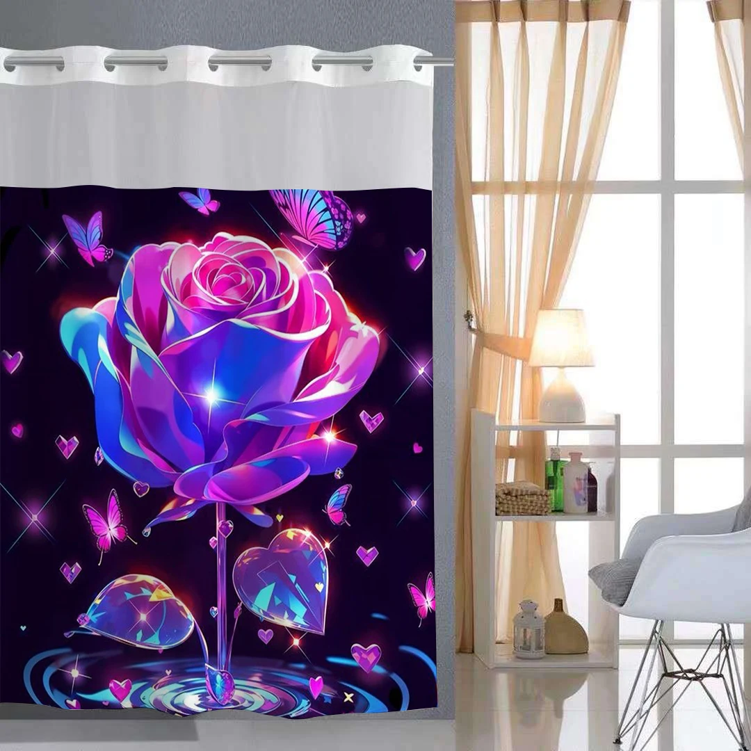 

No Hook Floral pattern Shower Curtain With Snap-in Fabric Liner, Sheer Top Window, Waterproof Double Layer Bathtub curtain