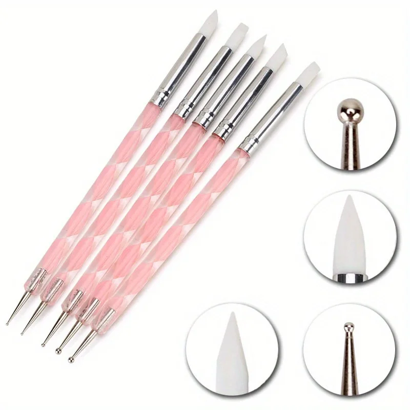 5Pcs 2 Way Nail Art Acrylic Silicone Point Flower Nail Pen Stainless Steel Dotting Tools Marbleizing Painting Pens