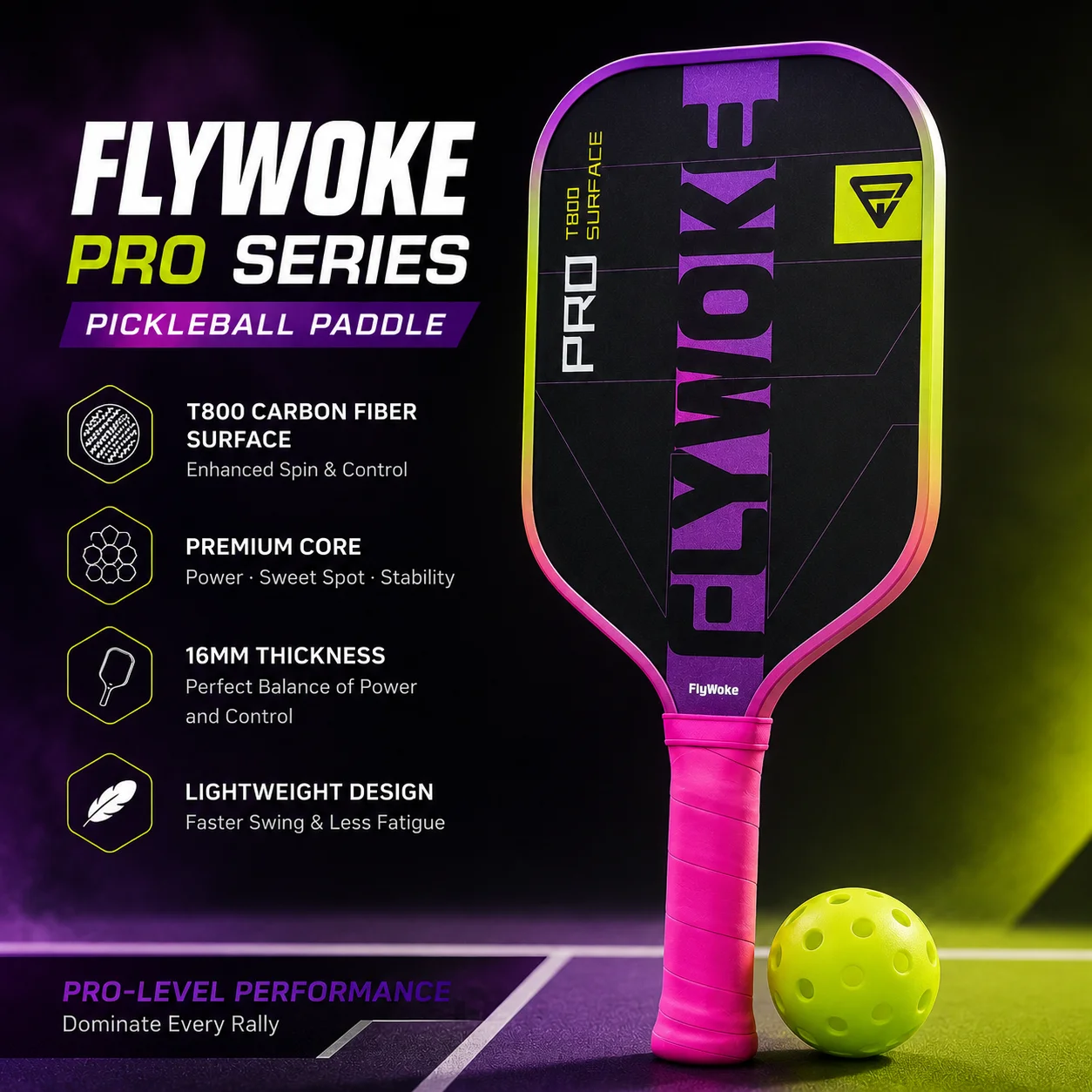 FlyWoke-T800 Carbonfaser-Pickleball-Schläger. Strukturierte Matte Oberfläche. Hohe Reibung. Großer Sweet Spot. Schneller Angriff. – Detail 1