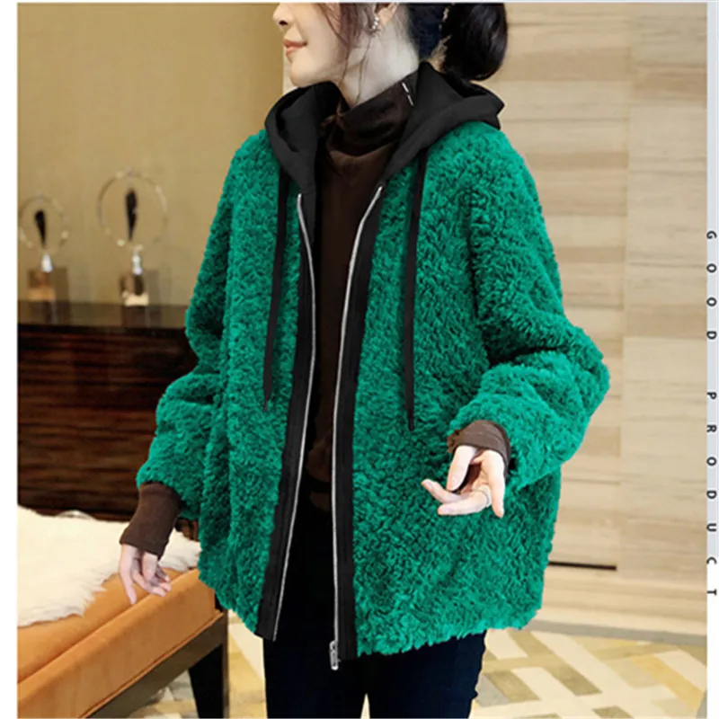 Green Plush Jackets For Women 2023 Zipper Hooded Stitching Coat Autumn Winter Fashion Long Sleeves Chamarras Para Mujer