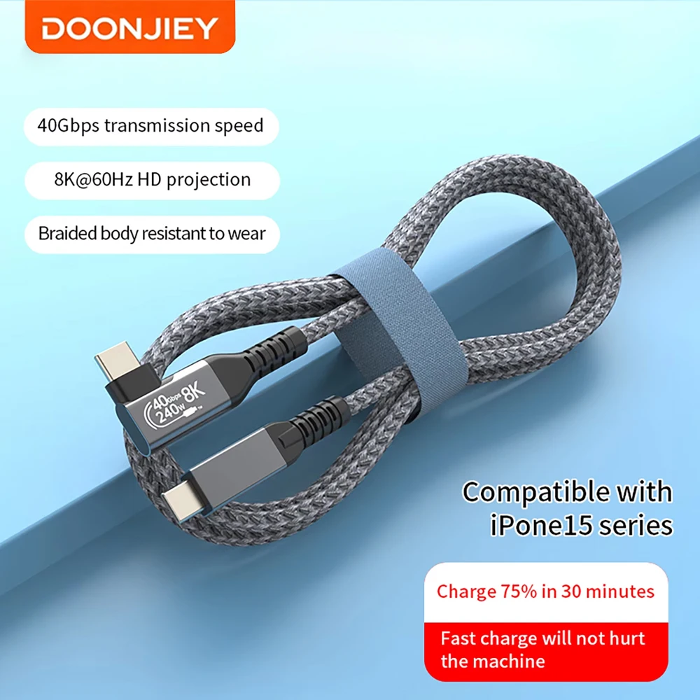 Image of DOONJIEY USB4 Thunderbolt4 USB-C Kabel 240W 8K/60Hz Kabel 40Gbps Typ-C 90-Grad-Winkel-Datenübertragungskabel für MacBook Mac Pro