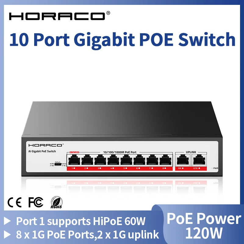 HORACO 10 Port Gigabit POE Switch 1000Mbps Active POE Network Switch 120W for IP Camera,NVR,Surveillance,CCTV,POE Camera