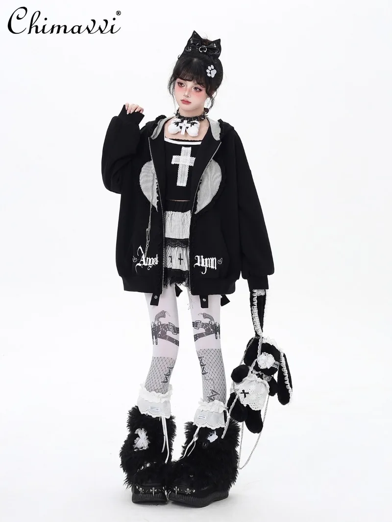 الأصلي ثقافة فرعية اليابانية الحلو كول مقنعين تصميم سترة فضفاضة الخريف جديد القوطية الظلام فتاة فضفاضة طويلة الأكمام البلوز