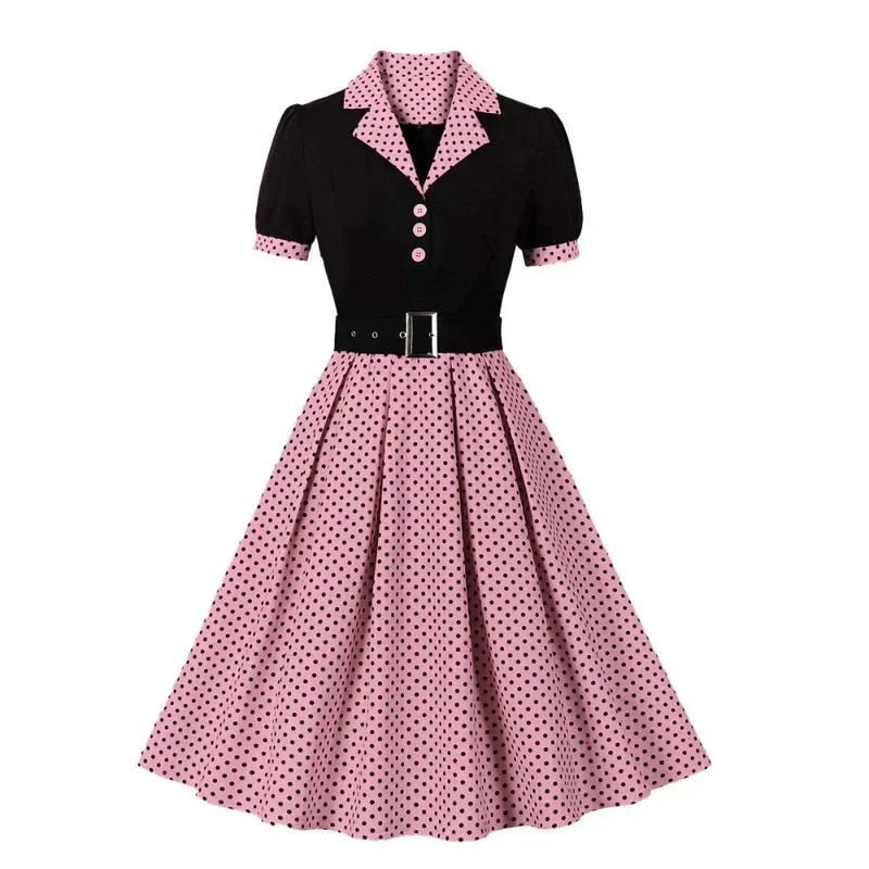 

Vintage Pleated Dress with Polka Dots, New Fashion, Retro, Ribbed Collar, Elegant, Short Sleeves, Belted, 1950s and 60s, Summer,