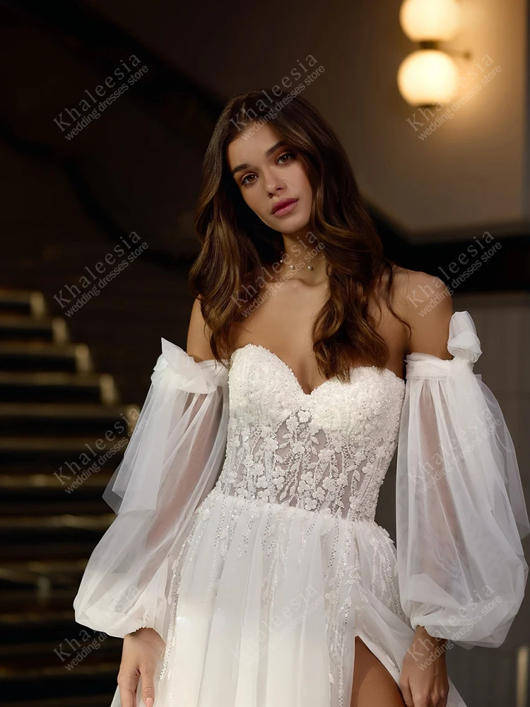 ชุดแต่งงานหรูหราทรงเอไลน์ ผ้าทูลล์หลายชั้น แขนพองยาว สำหรับผู้หญิง  ชุดเจ้าสาวแบบสั่งตัดได้ ปี 2025