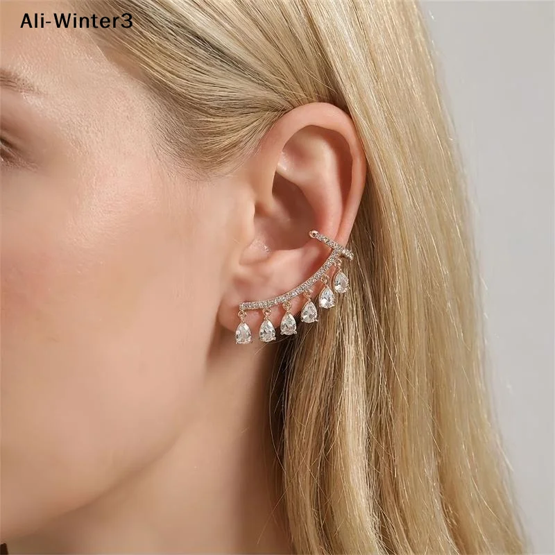 【Y】Crystal Water Drop Ear Cuff Earrings For Women Vintage Drop Rhinestone Ear Crawler Earring Non Piercing Earrings Boho Jewelry