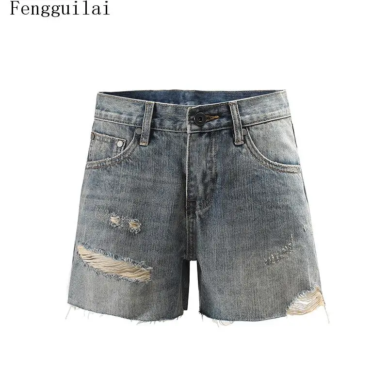 Ladies Retro Blue Denim Shorts Distressed Destroyed Holes Raw Edge Frayed Hem Low Waist Summer Jean Shorts Streetwear