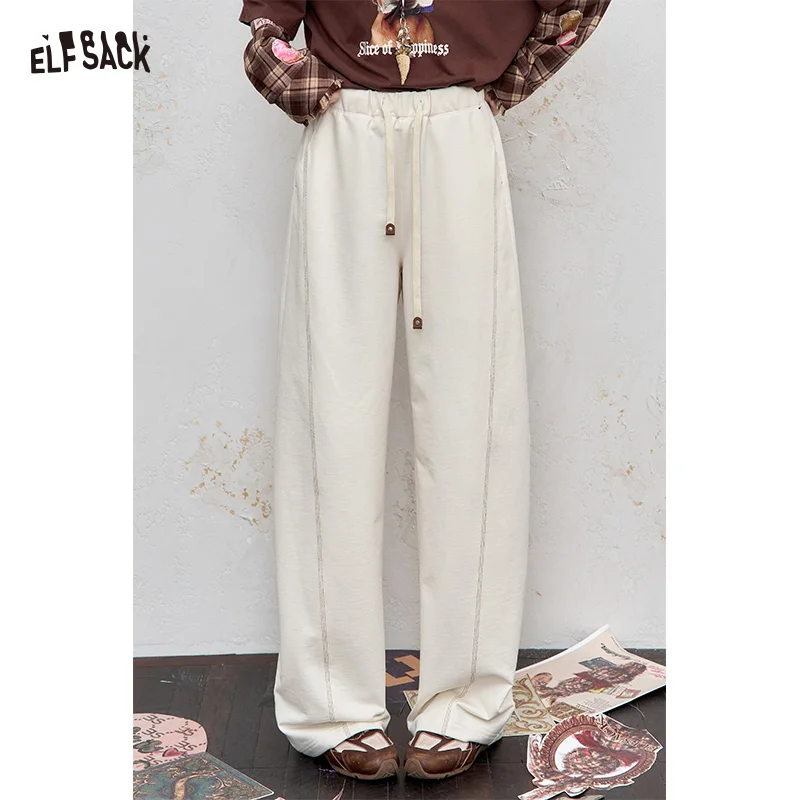 

ELFSACK 2025 Autumn New Arrival Casual Straight Leg Loose Fit Patchwork Structural Detail Wide Leg Trousers For Woman
