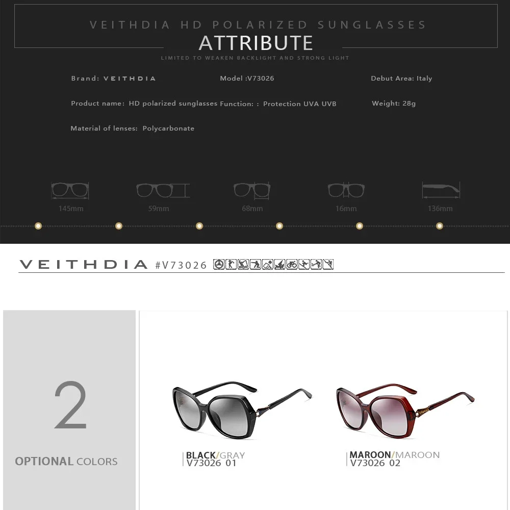 VEITHDIA ماركة النظارات الشمسية الاستقطاب UV400 عدسة النظارات الشمسية مصمم خمر السيدات فراشة نظارات الموضة للإناث FA73026