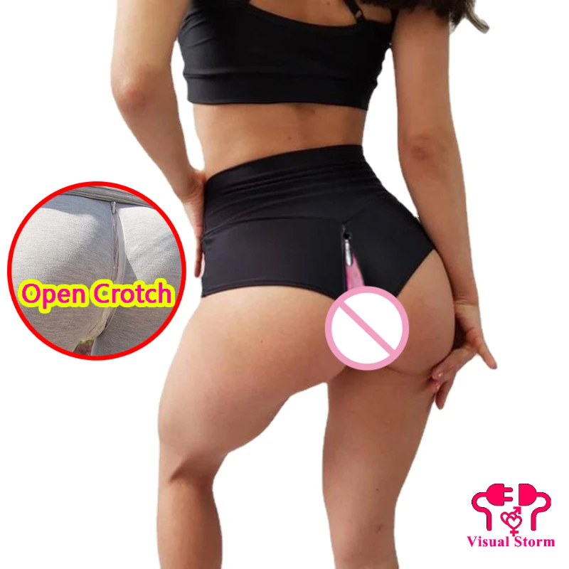 Woman Open Crotch Sexy Mini Leggings Gym Fitness Outdoor Sex Invisible Zippers Crotchless Hot Pants High Rise Breathable Panties