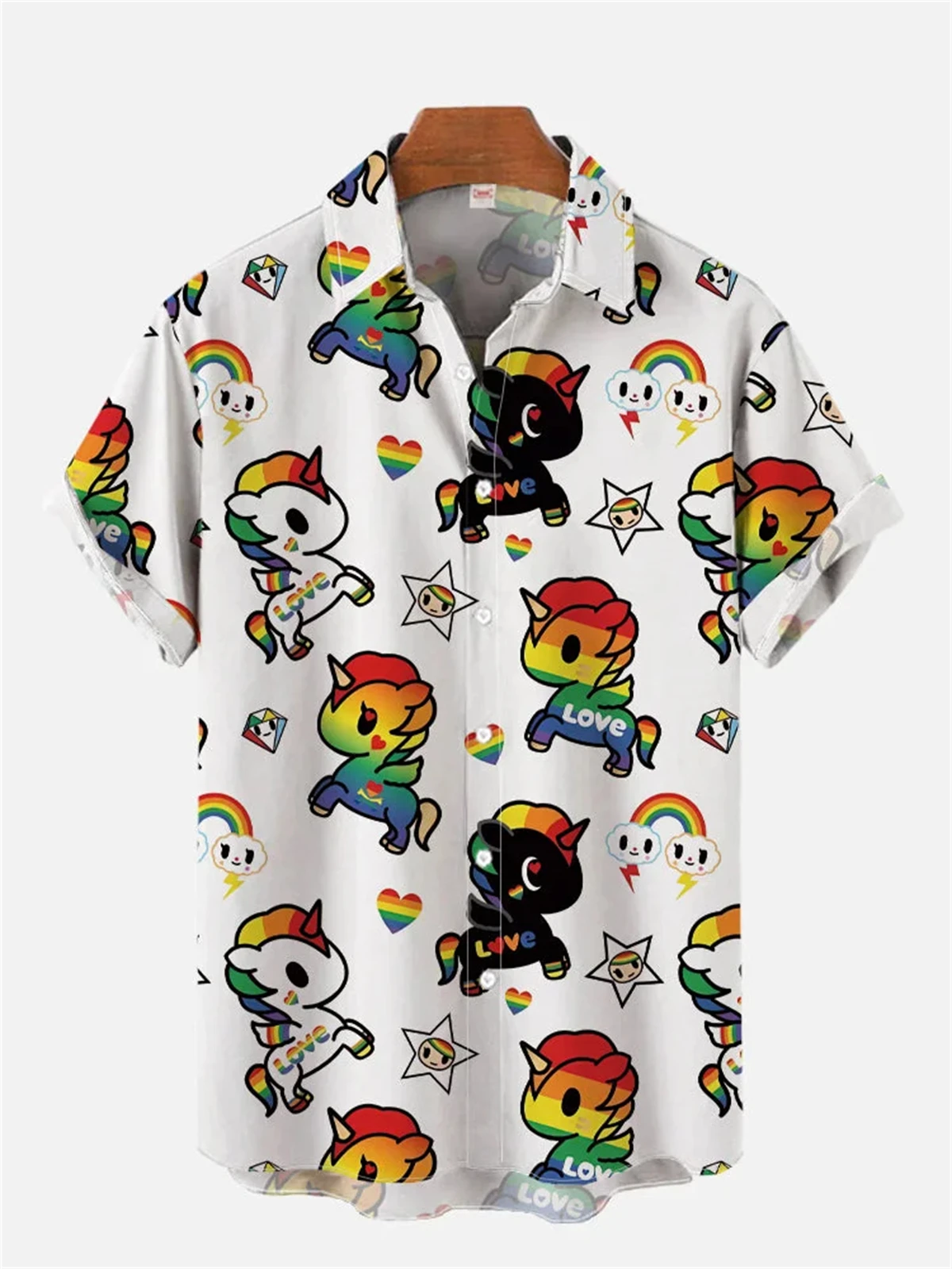 Rainbow Pony Print Men\'s Short Sleeve Shirt 2024 Hawaiian Comfortable Beach Large Size Loose Men\'s Tops Fashionable Men\'s Shirts