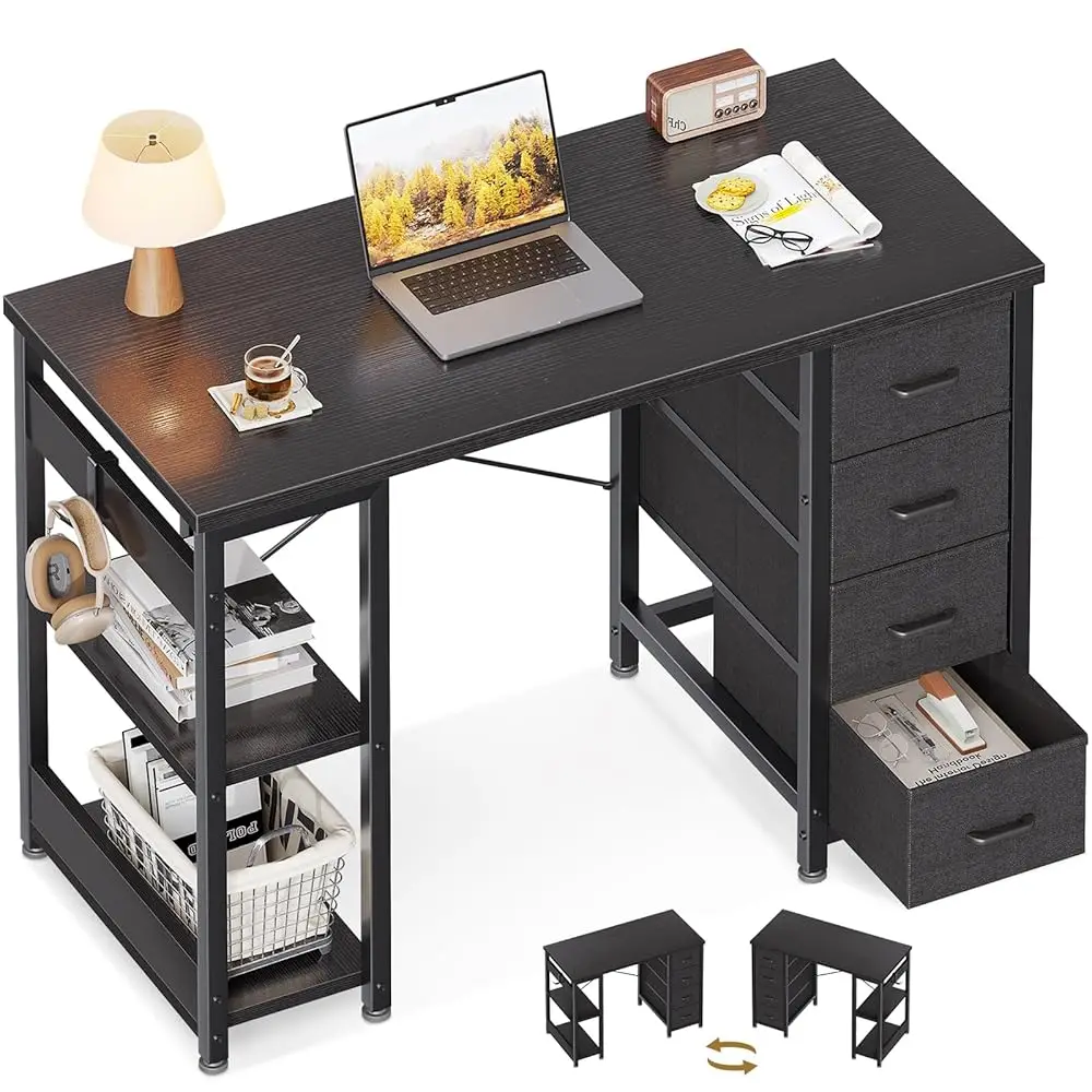 40 H Small Computer Desk With 4 Fabric Drawers, Modern Writing Pc Desk For Small Spaces, Study & Home Office Desk With Storage