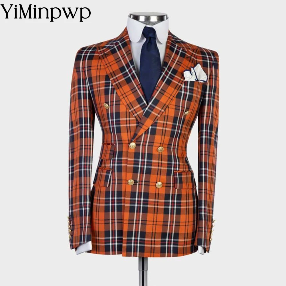 

Check Plaid Vintage Vintage Peak Lapel Double Button Men Suit Male Clothing 2 piece Bespoke Wedding Groom Suit Jacket+Pants