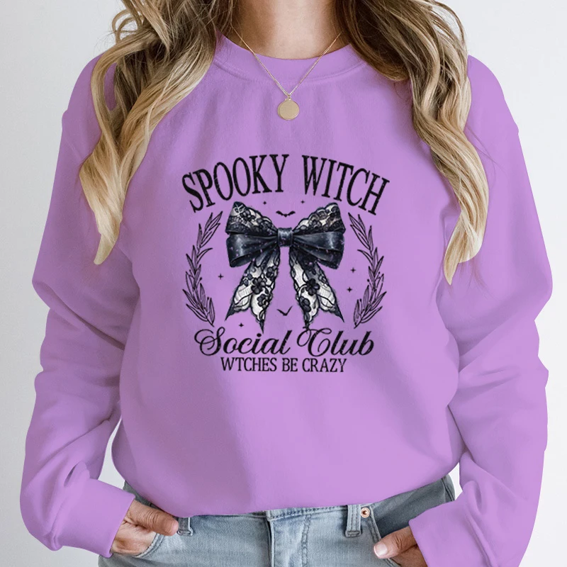 Halloween Bow Spooky Wicth Social Club Style Round Neck Pullovers Swetshirts Women Printed Casual Long Sleeve Hoodless Pullovers