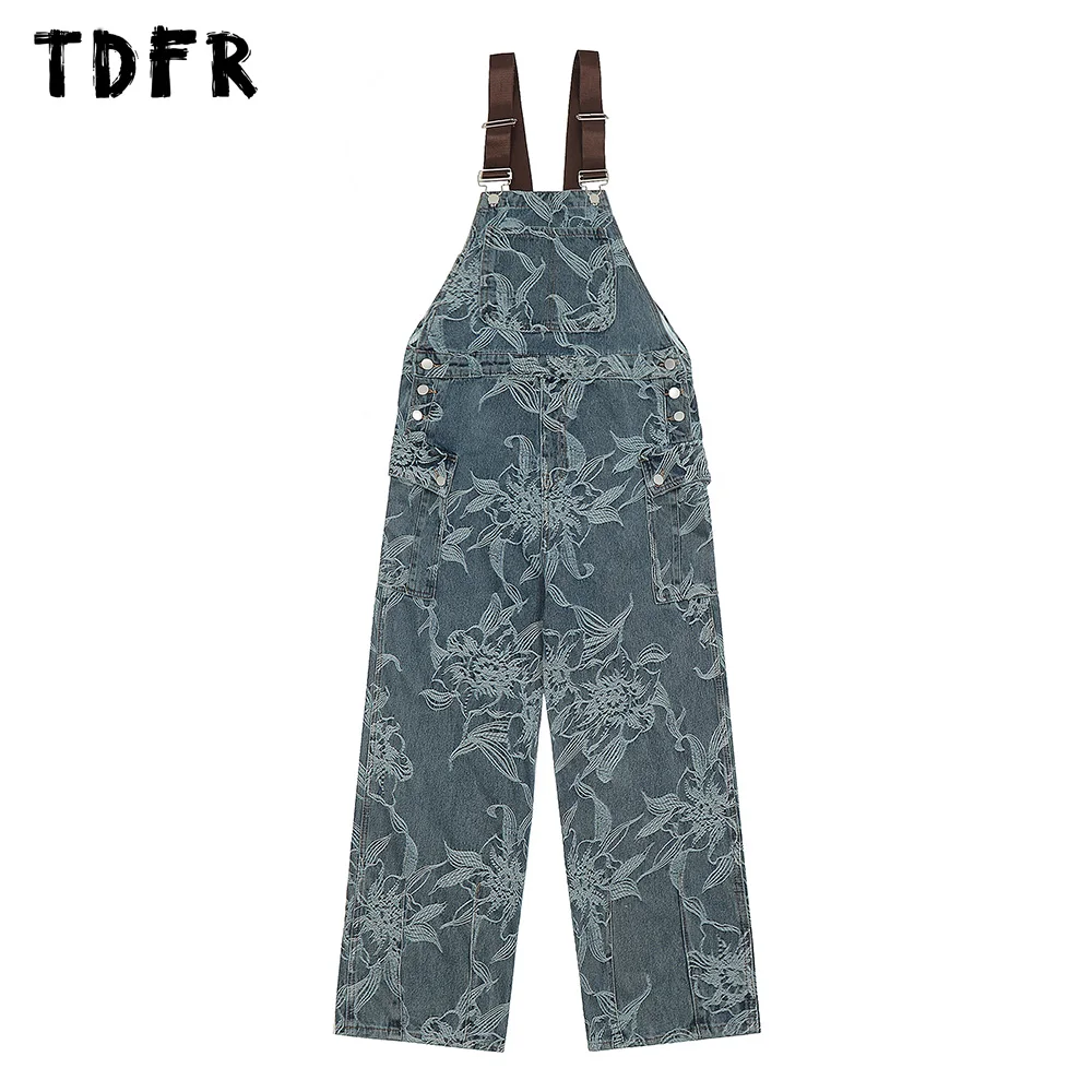 

Jacquard Denim Overalls Mens Streetwear Casual Loose Pocket Jumpsuit Pants Men Trousers