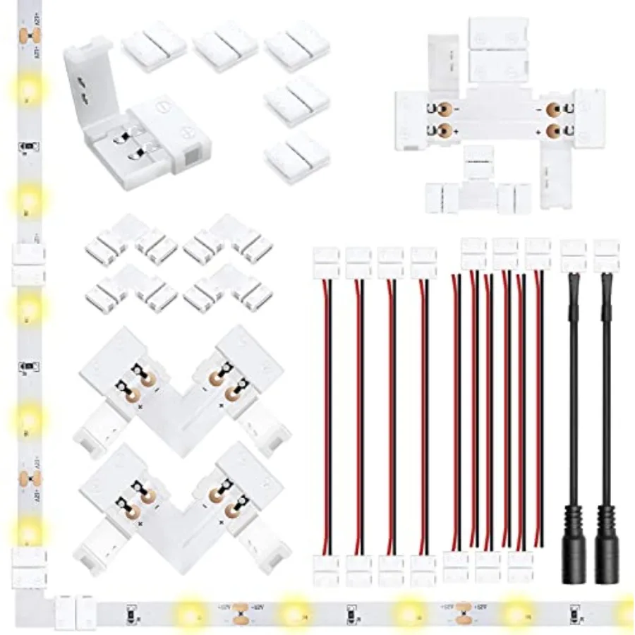 2 Pin LED Strip Light Connector Kit, 8mm Solderless Adapter Connectors, LED Strip Accessories Set for 8mm Wide 3528 2835
