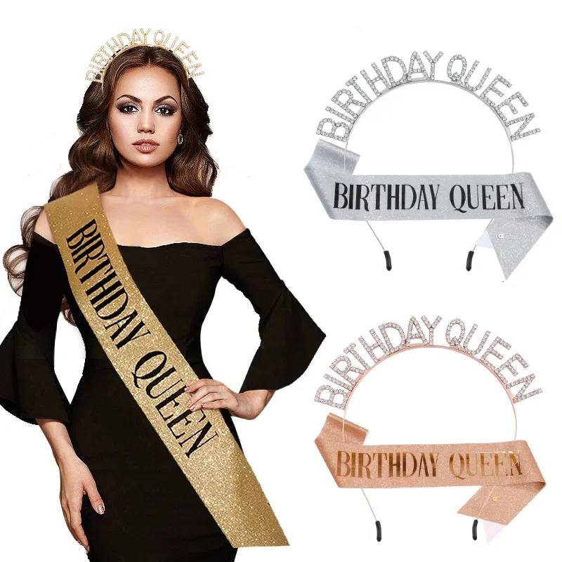 Birthday Queen Belt Set Fashion Shoulder Strap Rhinestone Headband Hoops Princess Crown Ball Party Headbands for Women Hair Hoop