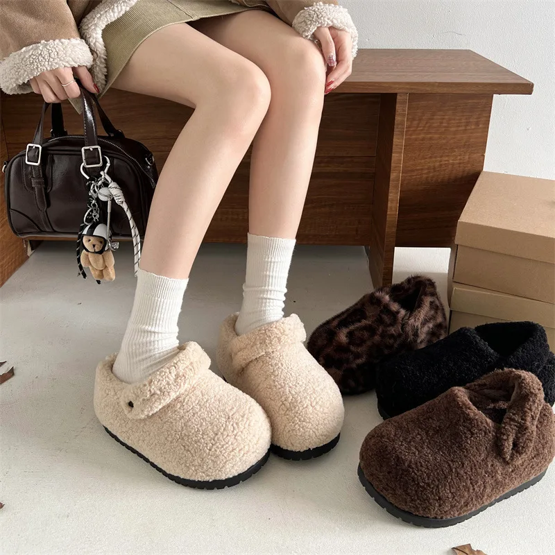 Warm White Retro Plush Slippers Women's New Winter Outdoor Wearable Slip-On Padded Footbed High Heel Increase Slippers