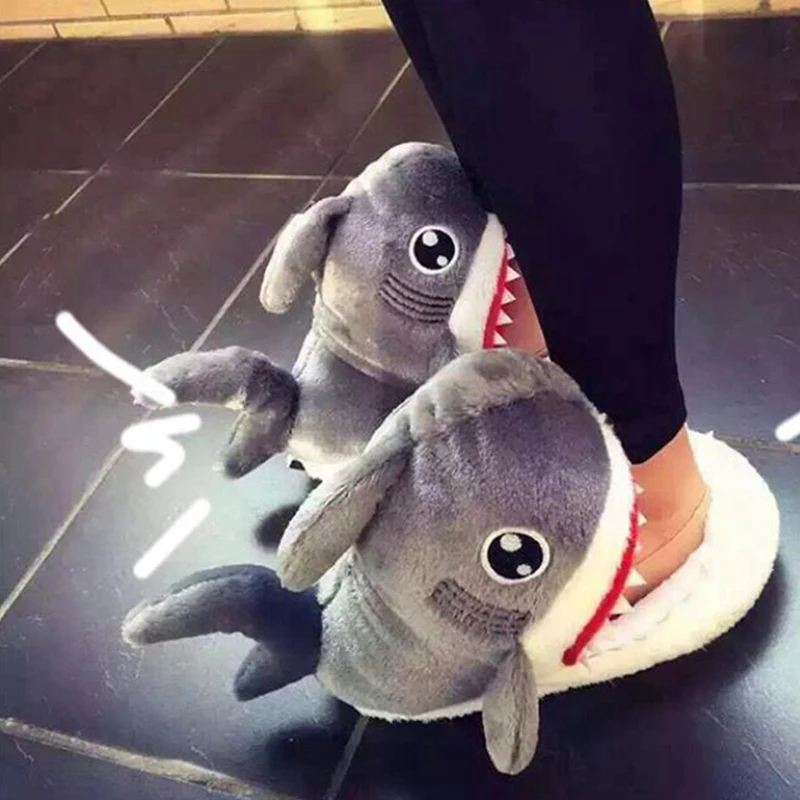 Korean style cartoon plush shark slippers for men women, super fluffy soft as clouds, cute warm flat heel house slippers,winter