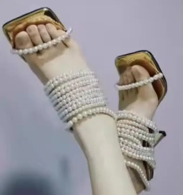 Glossy Pearl Chains Straps Slingbacks Square Open Toe Sandals Woman 9cm Heel Bling Gold Leather Party Pumps Evening Dress Shoes