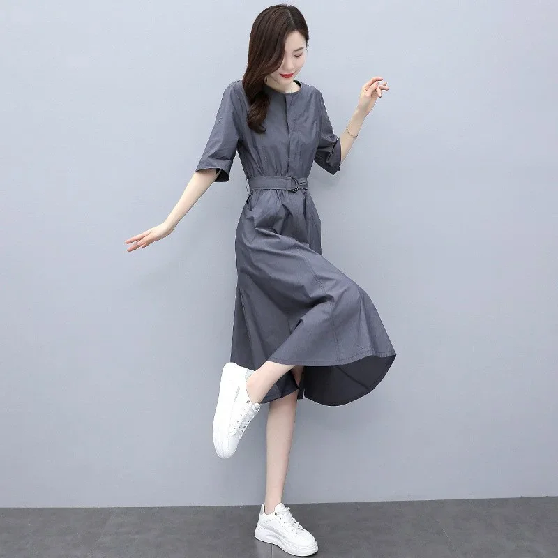 

Green Dresses Belt Women Summer Design Sense Slim Waist Chic Stunning Casual Dress Short Sleeve Round Neck Strap Clothes Gray