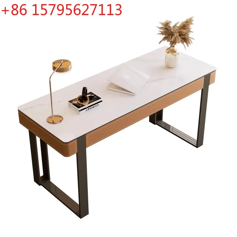 Saddle leather desk light luxury solid wood modern study computer table Italian minimalist home writing workbench desk