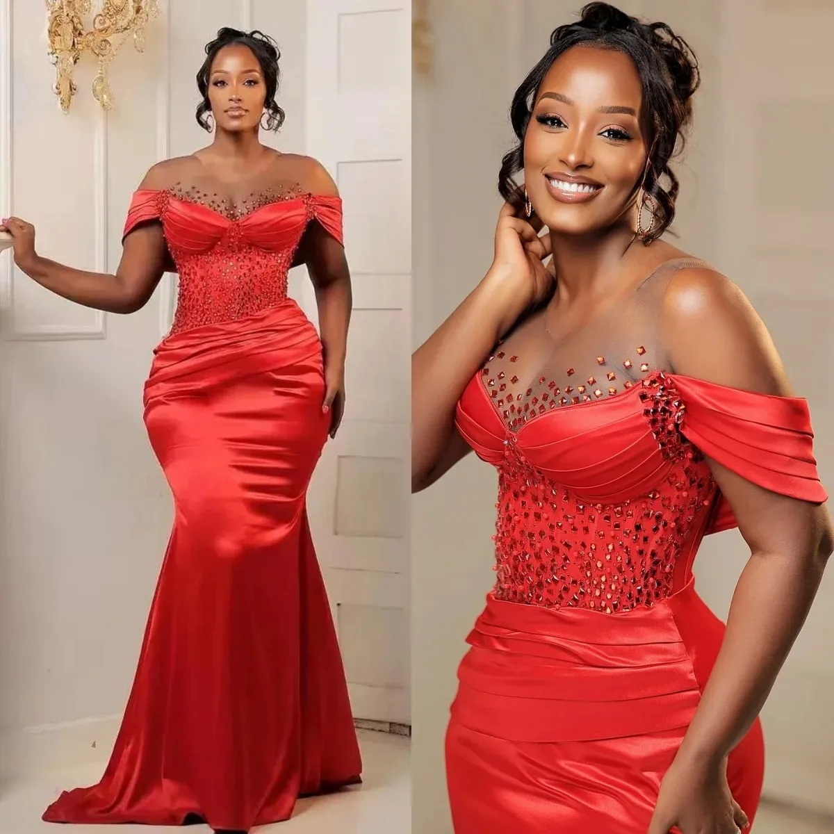 

Custom Sexy Red Mermaid Evening Dress Lace Beaded African Birthday Dress Plus Size Transparent Round Neck Wedding Party Dress