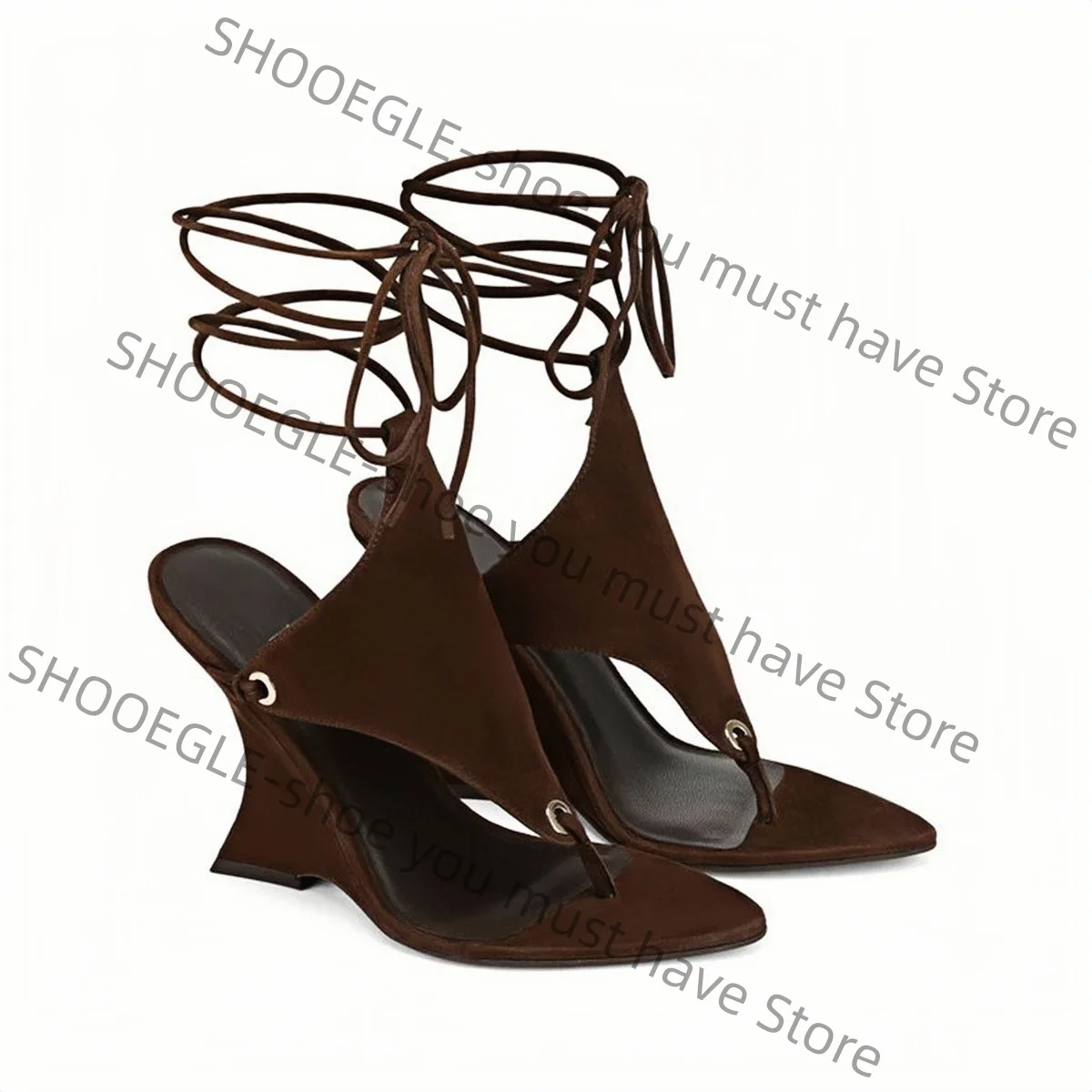 Women's Suede Pointed-Toe Sculptural Wedge Heel Sandals Lace-Up Detail Design Retro Elegant Classic Ladies Daily Street Shoes