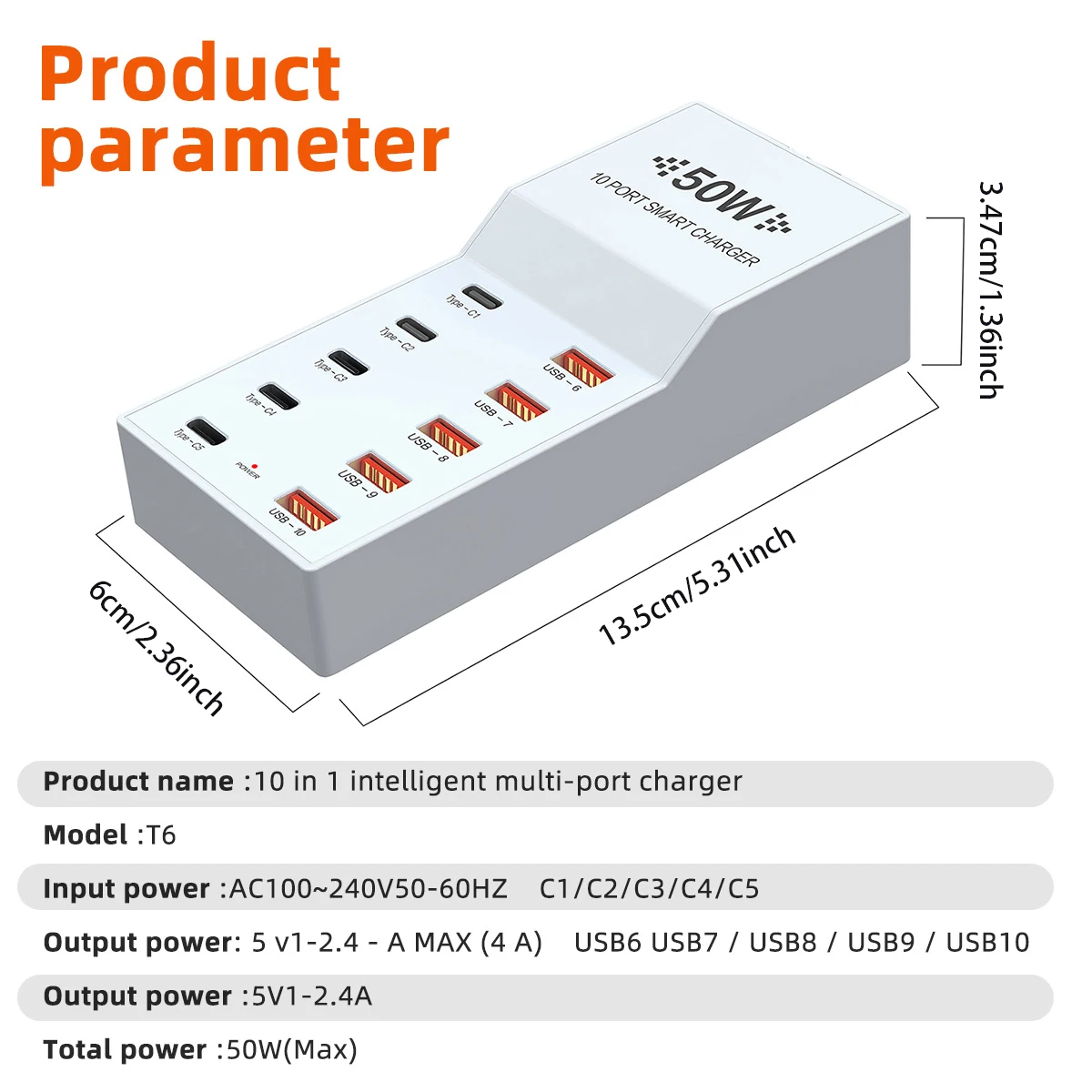 White 50W 5-Ports USB-A+PD QC 3.0 5-Prots Fast Charger Station For Android Apple mobile phone and Other USB Devices - náhled 6