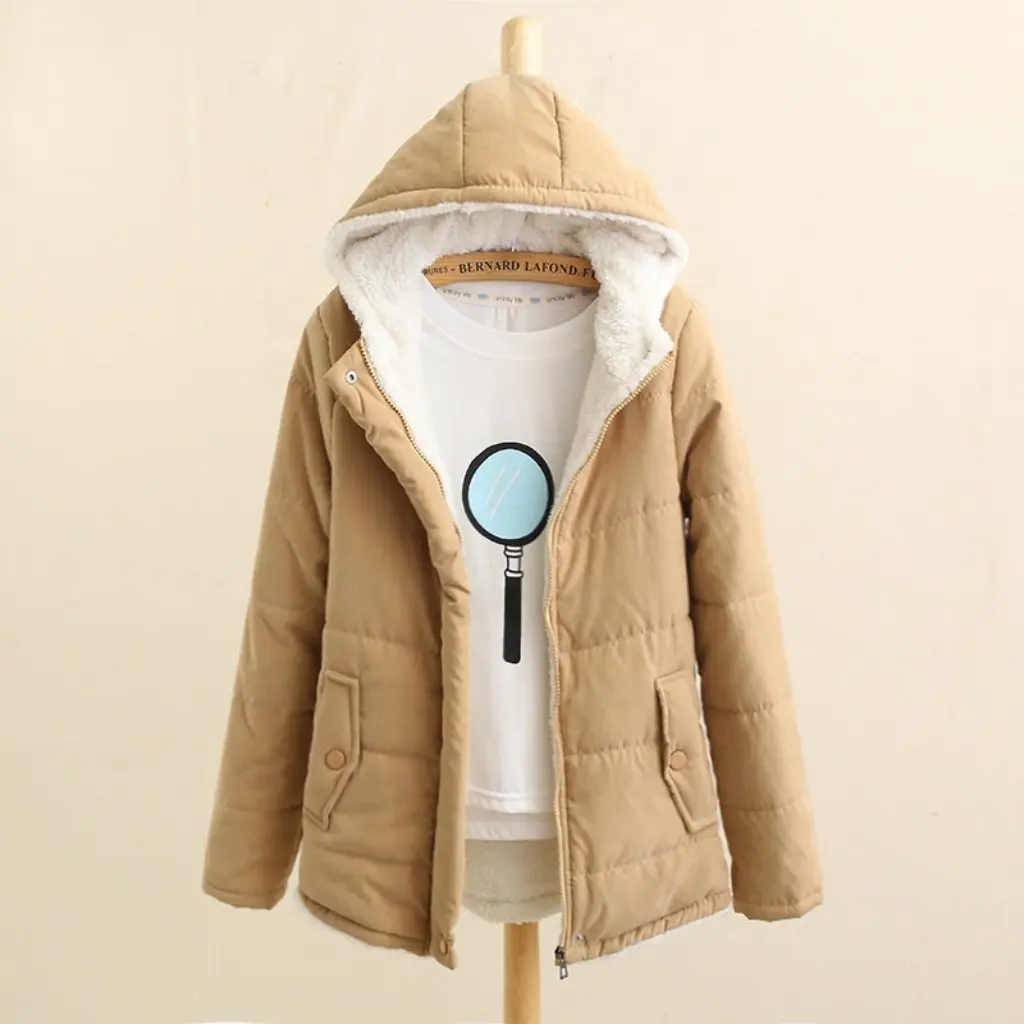 

Korean Hooded Women's Jacket Autumn Winter Fleece-Lined Thickened Cotton-Padded Long Sleeve Bread Coat Academic Style