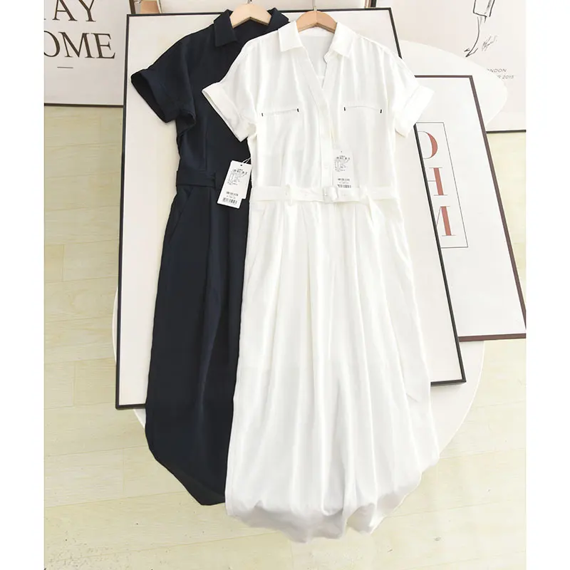 

Summer Commute Silk Linen irt Dr High Waist Slimming Long A-Line Skirt V-Ne ort Sve Women's Daily Wear
