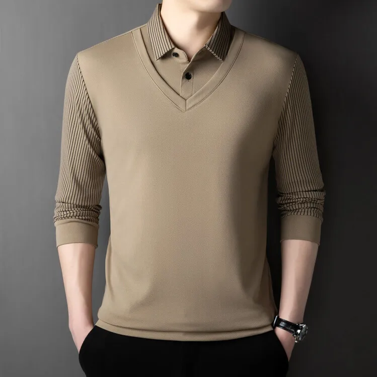 

Spring Autumn Long Sleeve Casual Men's T-shirt Thin Stripe Collar Base Shirt Yang Jing Brand Geometric Print Comfortable Fit