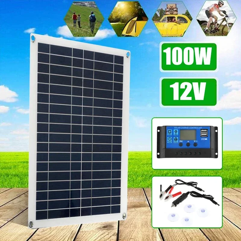 100W Solar Panel with Battery Clip and 30A Controller 12V Monocrystalline Solar Cells Outdoor Camping Hiking Solar Car Charger