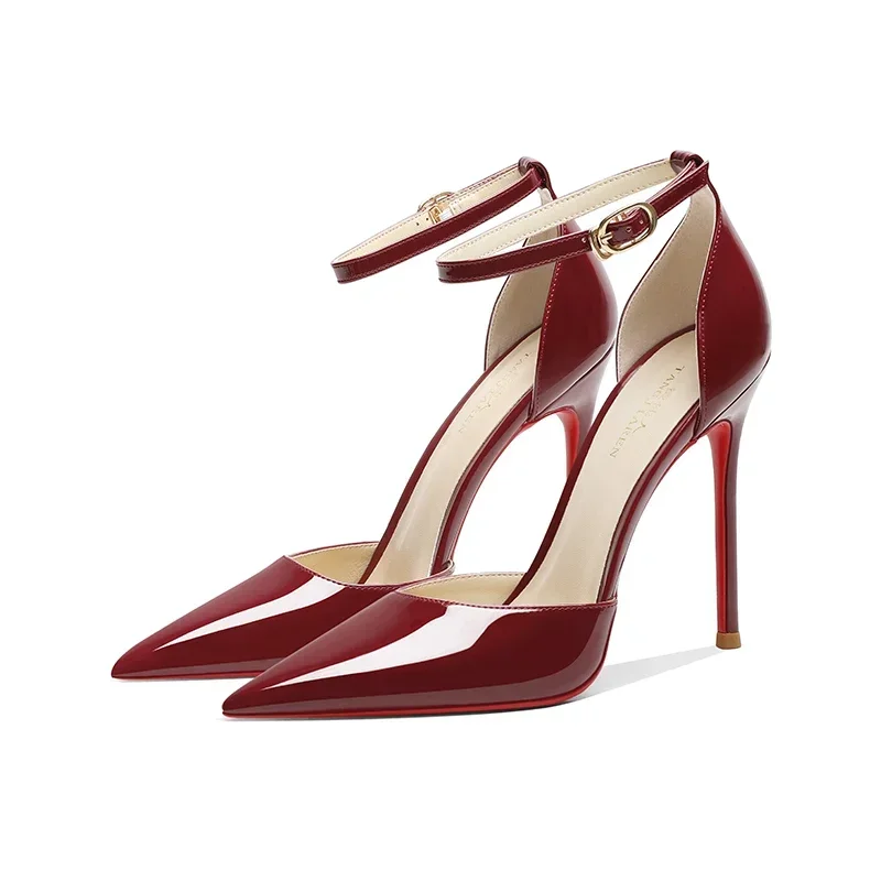 

2024 New Wine Red High Heels Women's Thin Heels One Line Buckle Baotou Sandals Sexy and Temperament Pointed Hollow Single Shoes