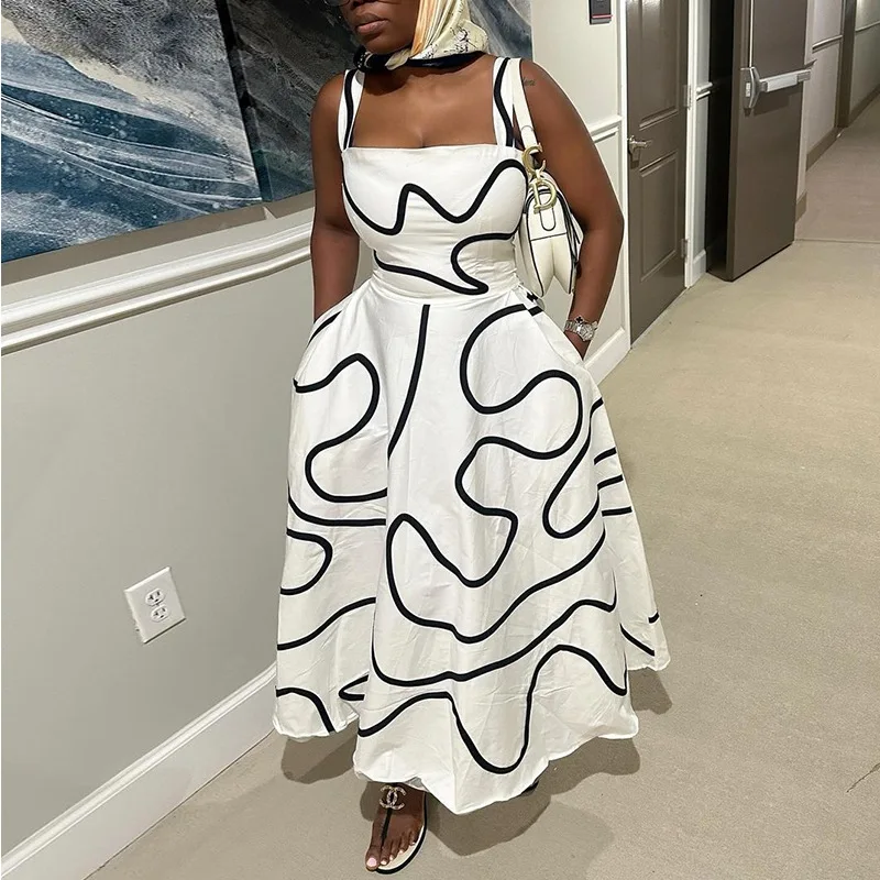 

New fashionable square collar printing waist thin medium and long suspender dress simple and versatile temperament elegant holid