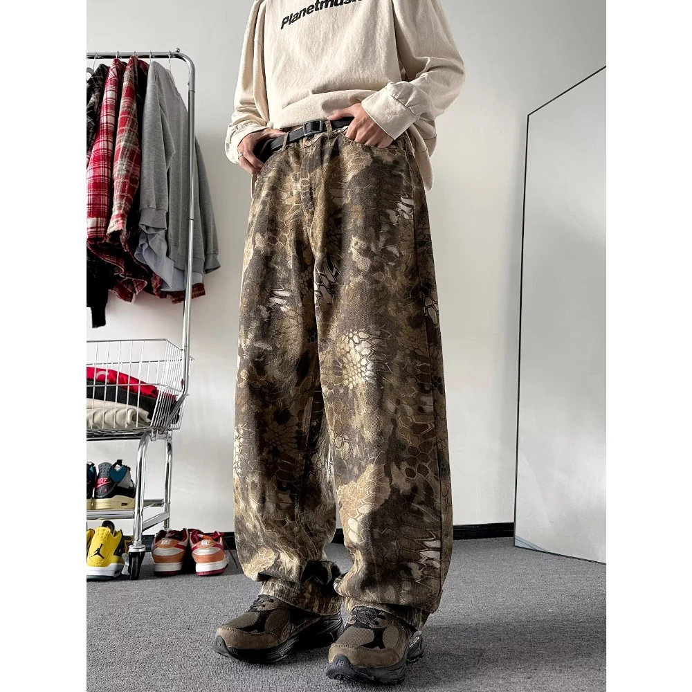 American Vintage Camouflage Pants Snake Animal Print jeans for Men Wide Leg Jeans Male Streetwear Hip Hop Demin Trousers