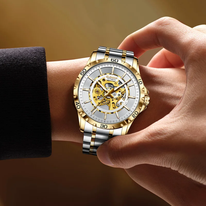 GLENAW Design Wheel frame dial mechanical watch men luminous waterproof luxury high quality automatic watch stainless steelstrap