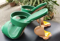 New Color Leather Ankle Straps Sandals Open Toe Egg Metal Iron Heels Mules Women Green Slip-on Unique Heels Sandalias Mujer