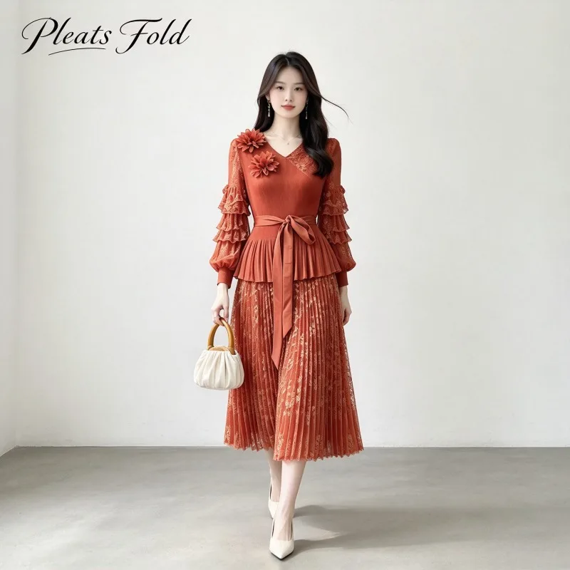 Miyake Pleated 2026 Autumn New Fake Two-Piece Splicing Design Casual Lace Lantern Sleeve Elegant Solid Color Fashion Dress Pleat